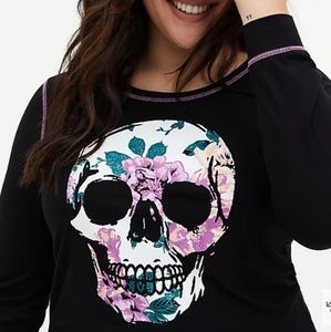 NEW, Black Sweater, Purple Flowers Skull
